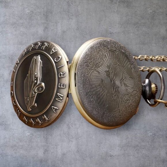 Pocket Chain Watch Mustang Car Flip Open Bronze Tone Quartz Second Hand - Picture 5 of 16